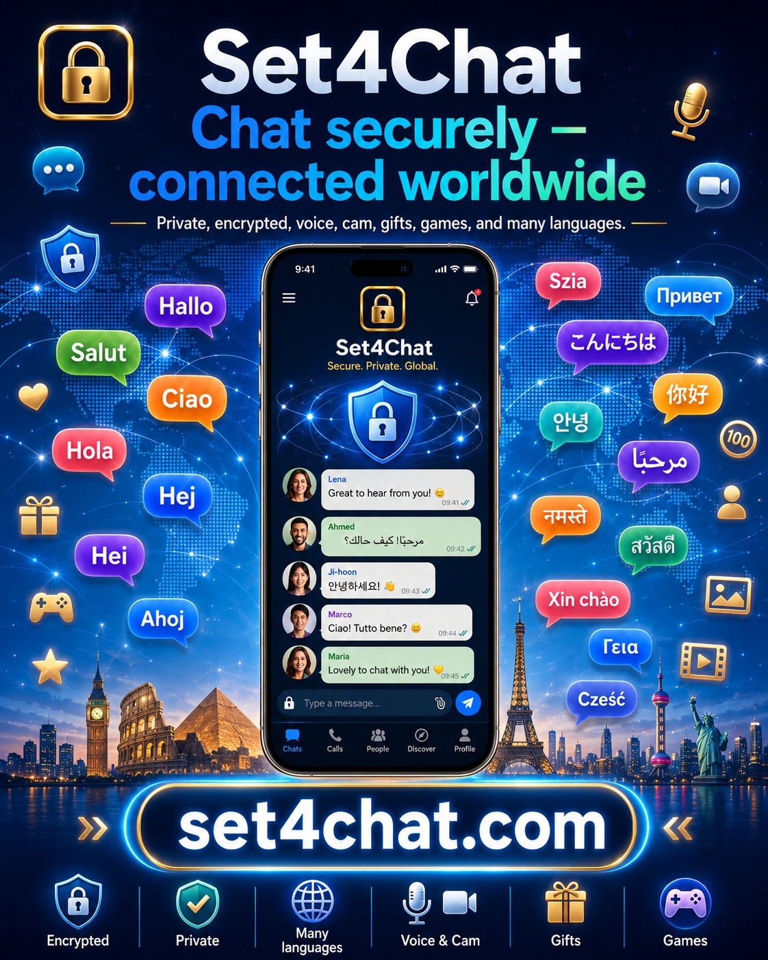 Set4Chat promotional image for chatroom, voice, cam, gifts and entertainment